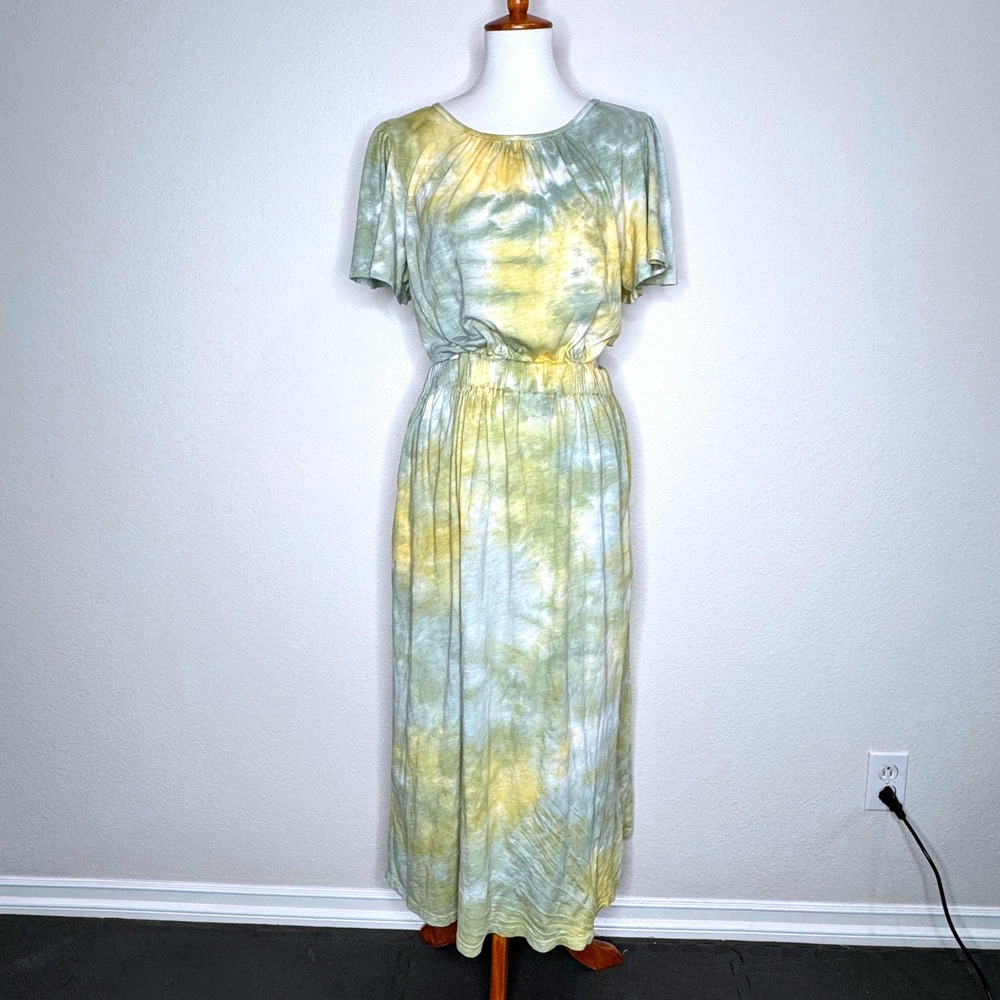 T.LA ANTHROPOLOGIE NWT Tie Dye Cut Out Back Maxi Dress‎ LG Short Sleeve Boho